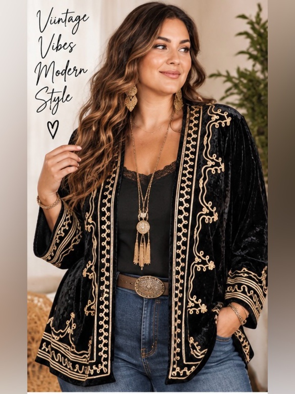 Gimmicks Black Velvet Embroidered Boho Western Open Front Jacket size XL